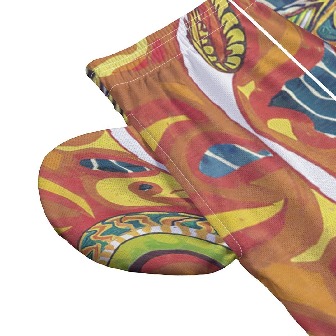Sea Dragon Dreams men's polyester shorts featuring a vibrant phoenix and dragon fantasy print with an elastic waistband