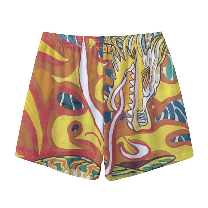 Sea Dragon Dreams men's polyester shorts featuring a vibrant phoenix and dragon fantasy print in warm yellow and red