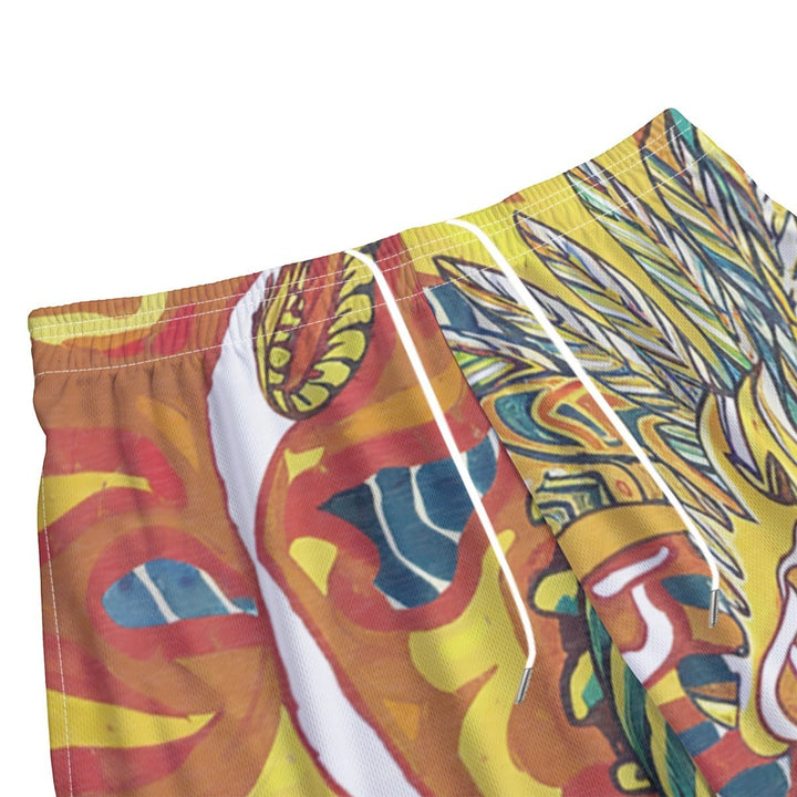 Sea Dragon Dreams men's polyester shorts featuring a vibrant phoenix and dragon fantasy print with elastic waistband.
