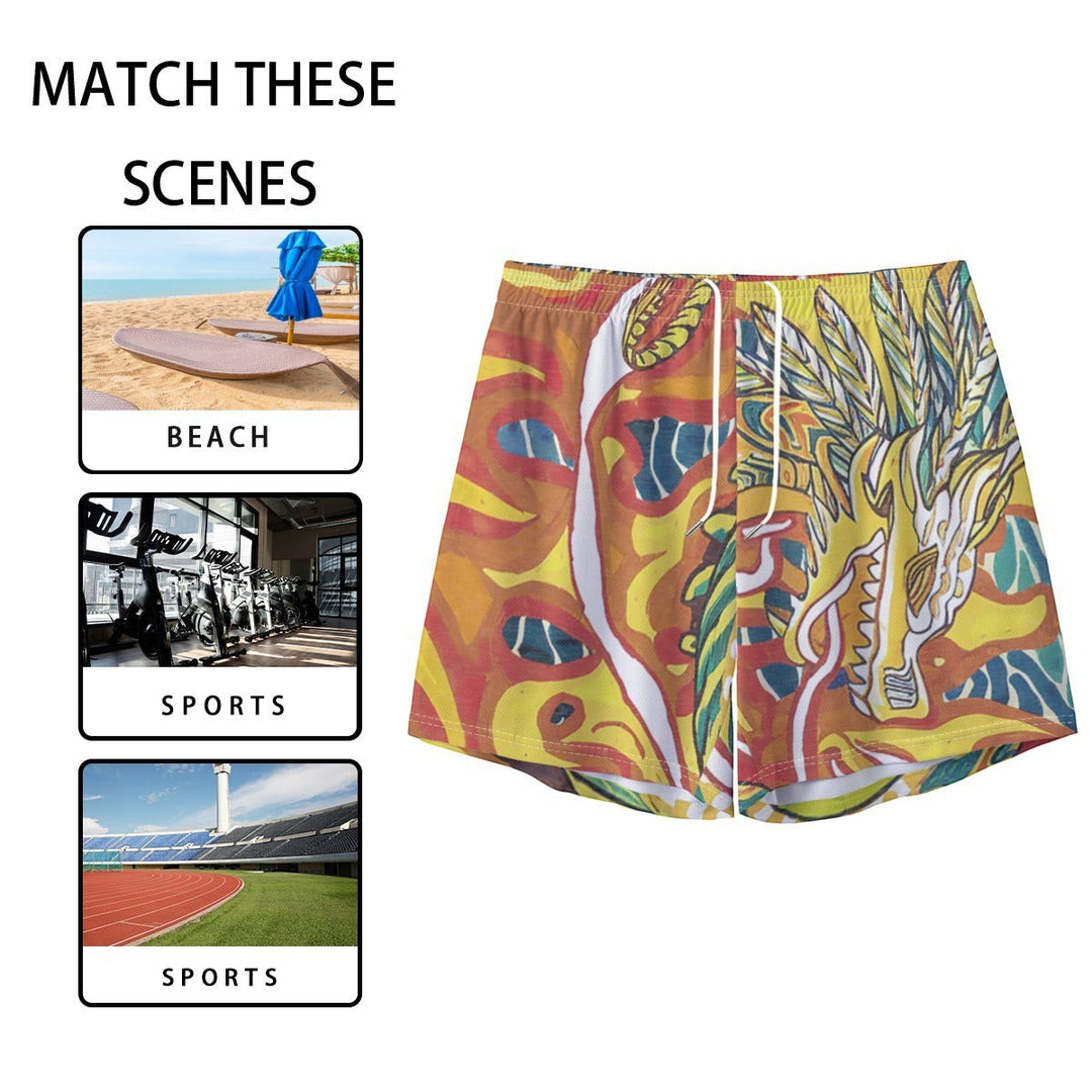 Sea Dragon Dreams men's polyester shorts with a vibrant phoenix and dragon fantasy print and elastic waistband