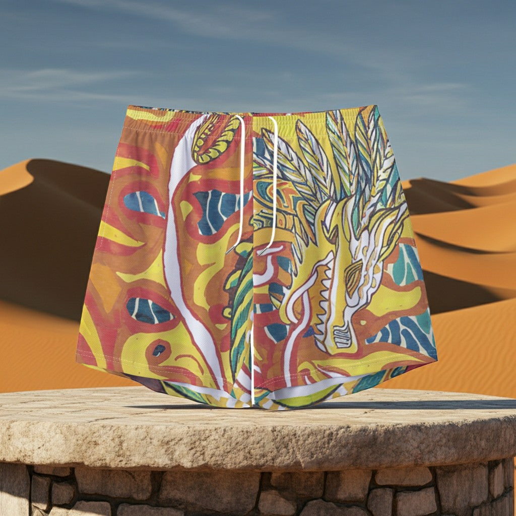 Sea Dragon Dreams men's polyester shorts featuring a vibrant phoenix and dragon fantasy print against a desert backdrop