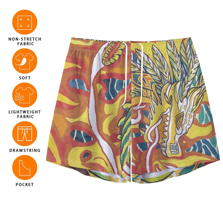 Sea Dragon Dreams men's polyester shorts featuring a vibrant phoenix and dragon fantasy print with an elastic waistband