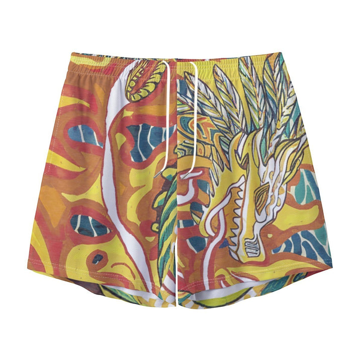Sea Dragon Dreams men's polyester shorts featuring a vibrant phoenix and dragon fantasy print in yellow and orange.