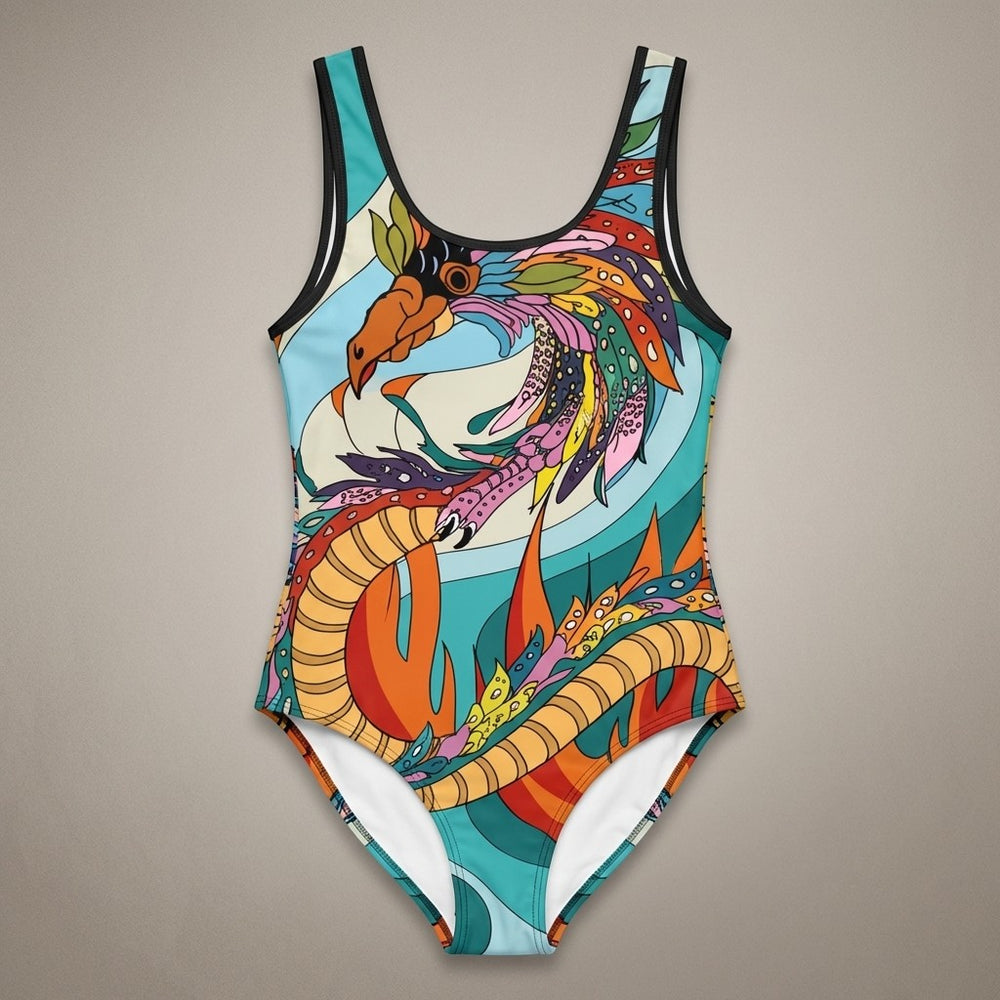 Sea Dragon Dreams vintage phoenix dragon print one-piece swimsuit with scoop neck and colorful mythical design