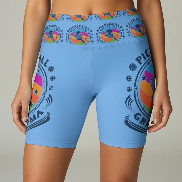 Sea Dragon Dreams women's light blue polyester workout shorts with Pickleball Grandma graphic print and gusset insert.
