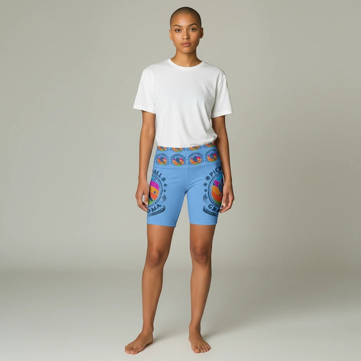 Sea Dragon Dreams women's blue workout shorts with Pickleball Grandma graphic print and gusset for active movement.