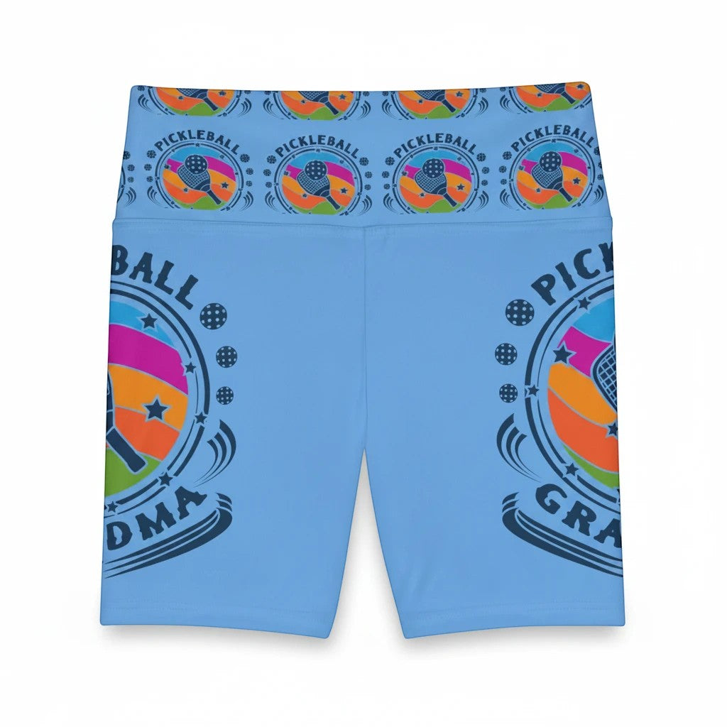 Sea Dragon Dreams light blue polyester workout shorts with a colorful Pickleball Grandma print and gusset insert.