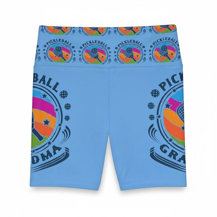 Sea Dragon Dreams light blue polyester workout shorts with a colorful Pickleball Grandma print and gusset insert.
