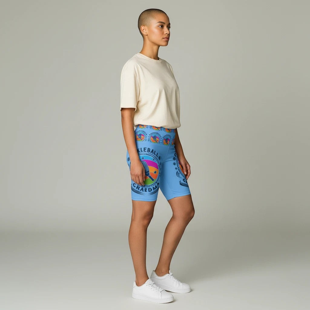 Sea Dragon Dreams women's light blue polyester workout shorts with Pickleball Grandma graphic print and gusset insert