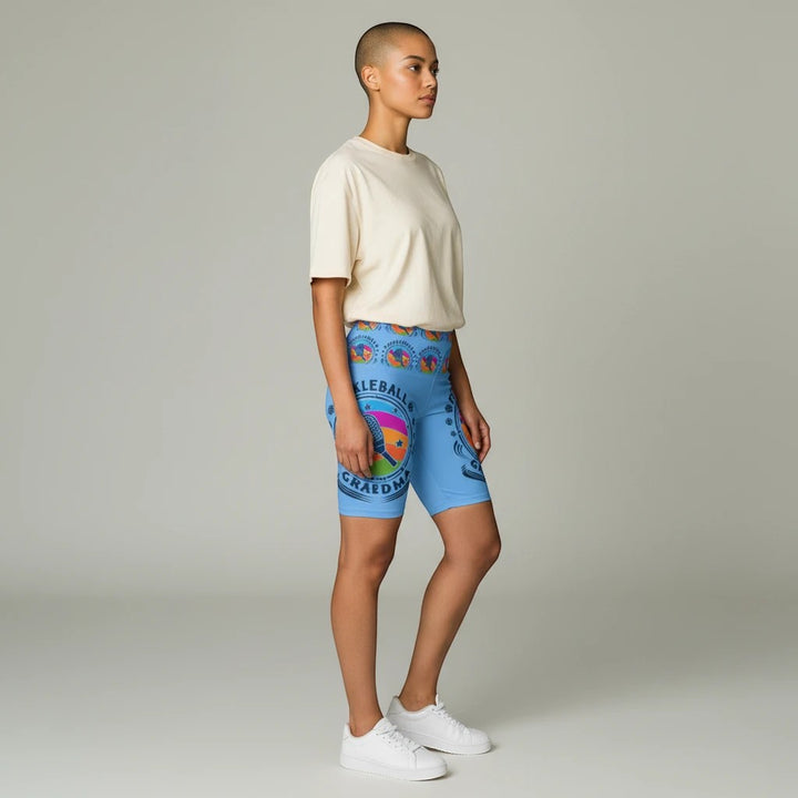 Sea Dragon Dreams women's light blue polyester workout shorts with Pickleball Grandma graphic print and gusset insert