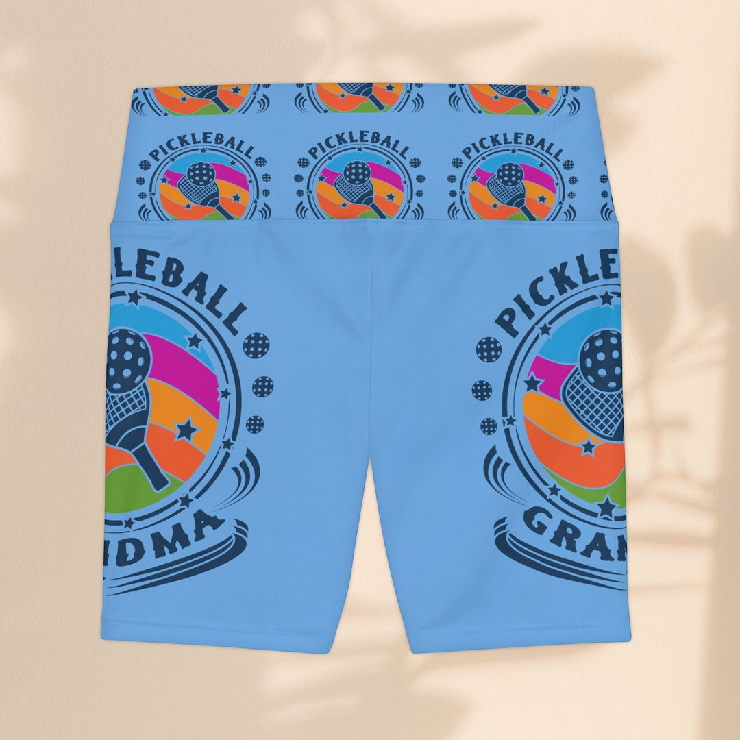 Sea Dragon Dreams women's light blue polyester workout shorts with a Pickleball Grandma graphic print pattern.