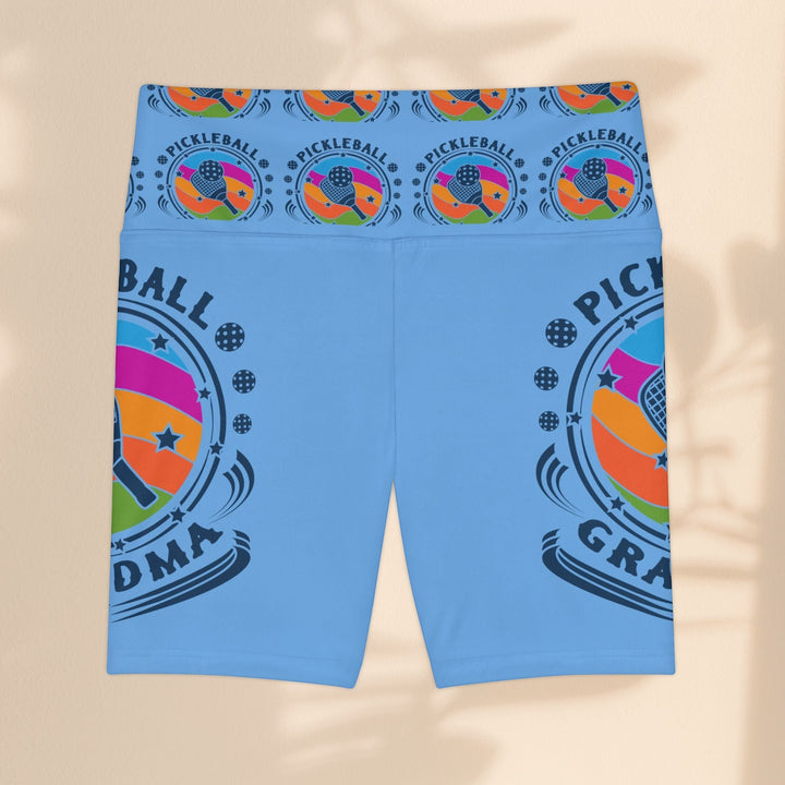 Sea Dragon Dreams light blue polyester workout shorts with a Pickleball Grandma graphic print and gusset insert.