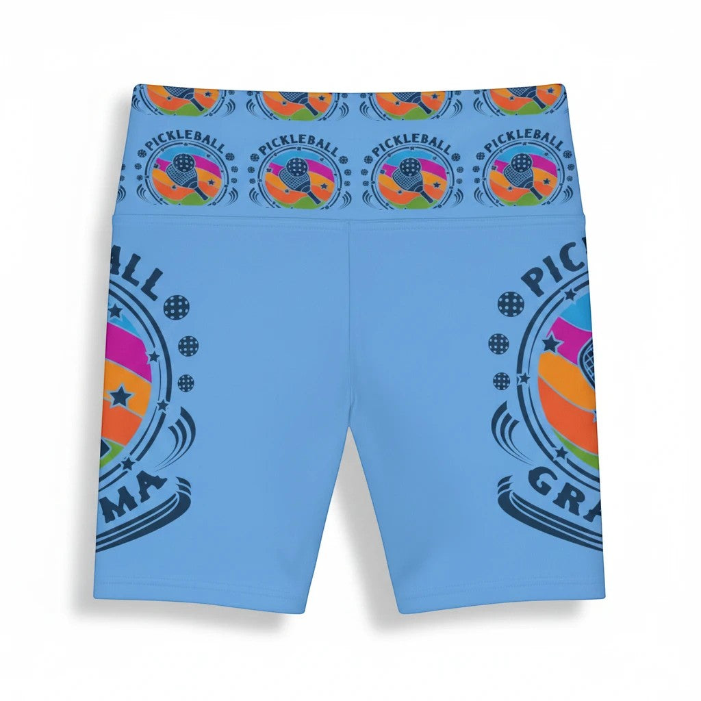 Sea Dragon Dreams light blue workout shorts with Pickleball Grandma graphic print and comfortable gusset insert.