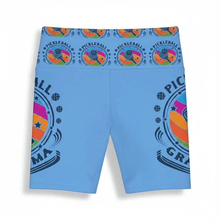 Sea Dragon Dreams light blue workout shorts with Pickleball Grandma graphic print and comfortable gusset insert.