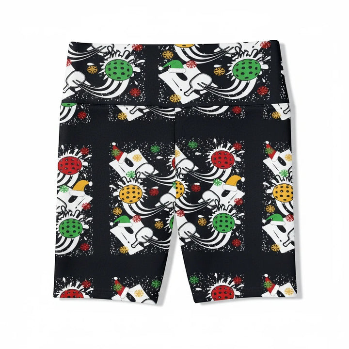 Sea Dragon Dreams women's black workout shorts with a festive holiday pickleball print and elastic waistband.