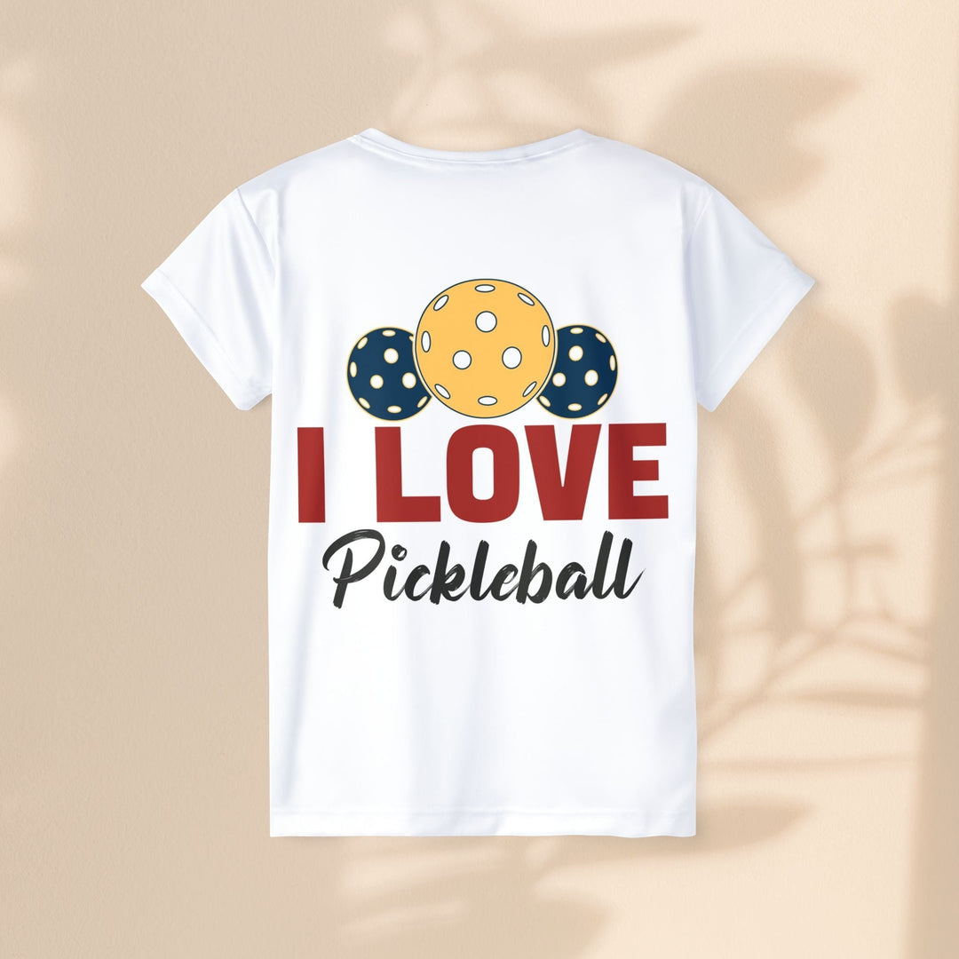 Sea Dragon Dreams white moisture-wicking polyester pickleball jersey with I Love Pickleball graphic on the back