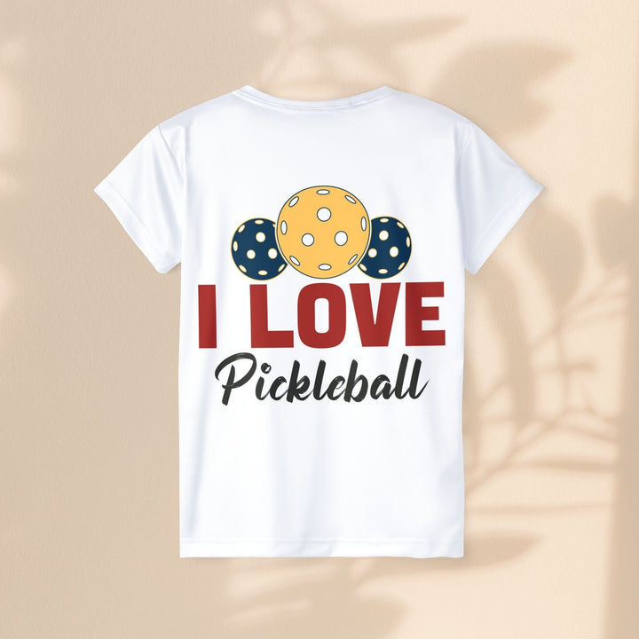 Sea Dragon Dreams white moisture-wicking polyester pickleball jersey with I Love Pickleball graphic on the back