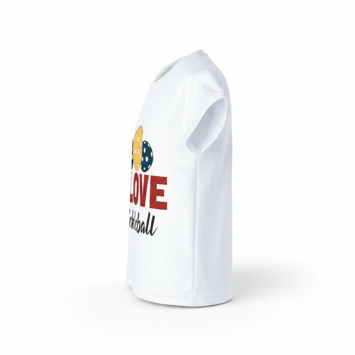 Sea Dragon Dreams white moisture-wicking polyester pickleball jersey with I Love Pickleball graphic, side view