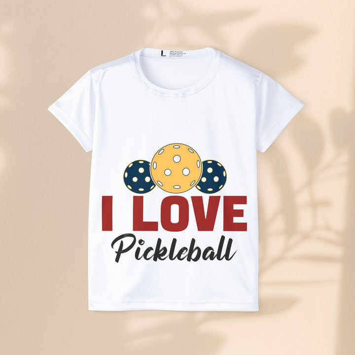 Sea Dragon Dreams white moisture-wicking polyester pickleball jersey with I Love Pickleball graphic print.
