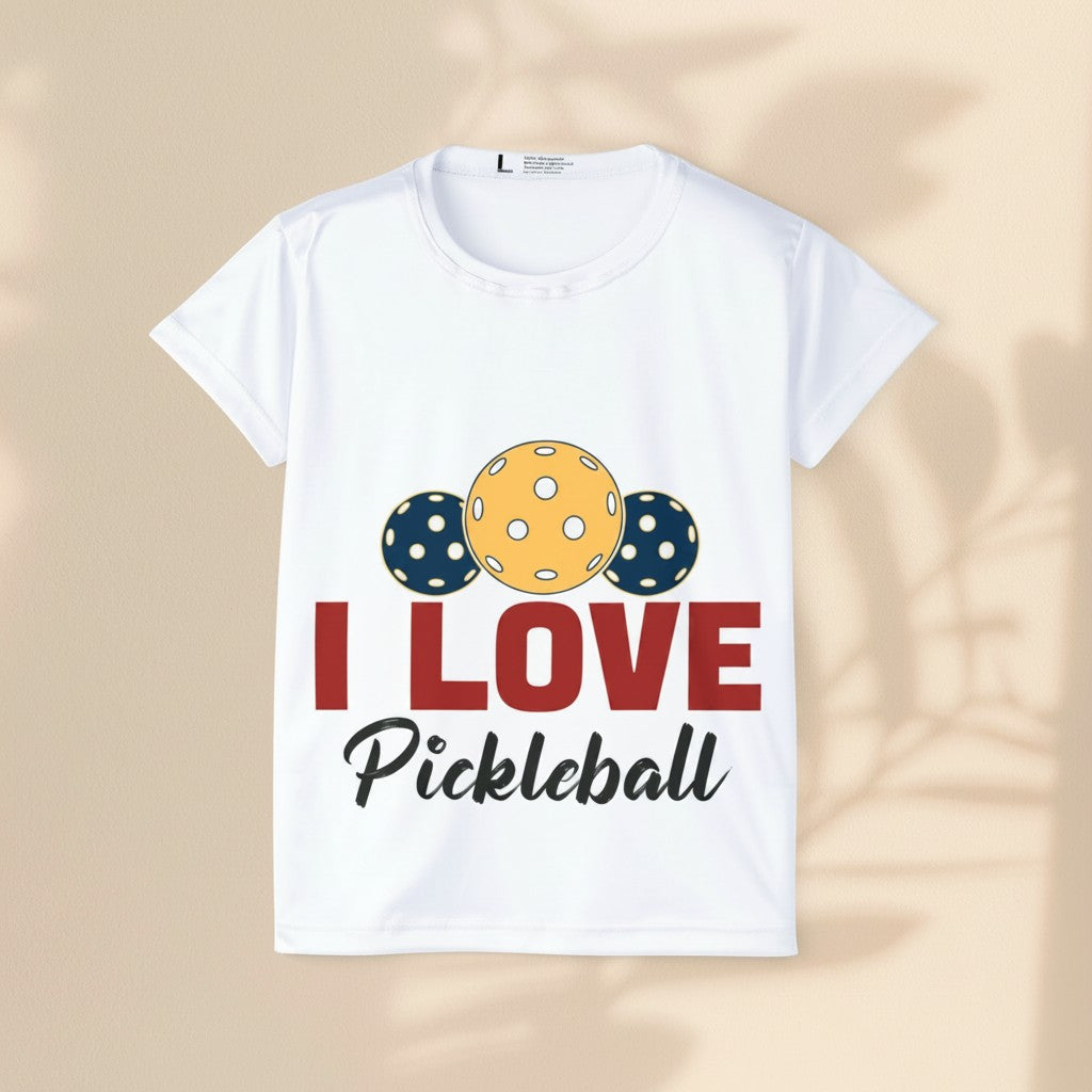 Sea Dragon Dreams white moisture-wicking polyester pickleball jersey with I Love Pickleball graphic print.