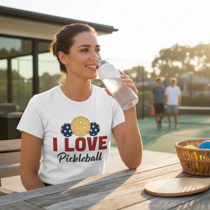 Sea Dragon Dreams white moisture-wicking pickleball jersey with I Love Pickleball graphic worn by a woman on a court