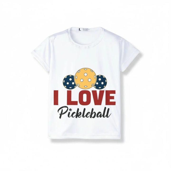 Sea Dragon Dreams white moisture-wicking polyester pickleball jersey with I Love Pickleball graphic print.