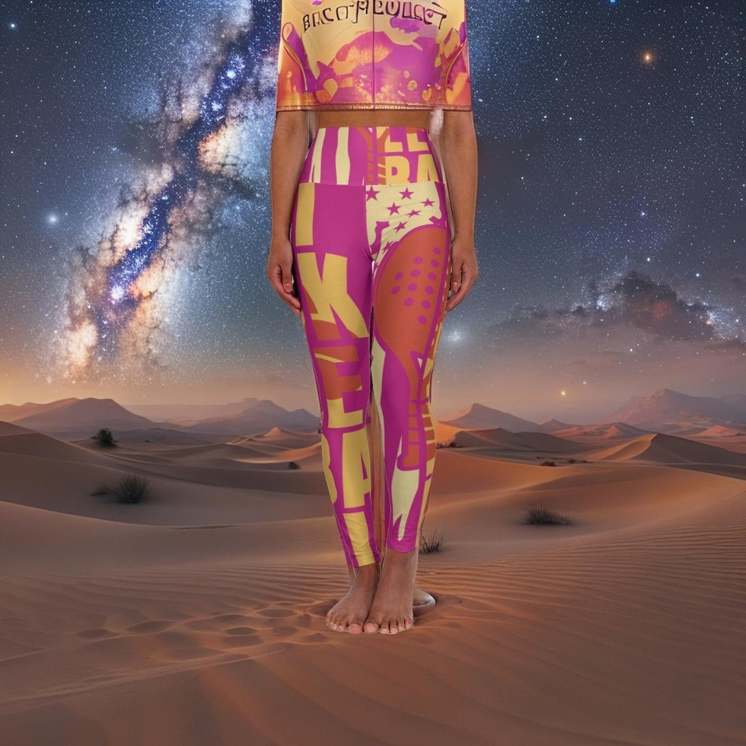 Sea Dragon Dreams pink and yellow pickleball themed workout leggings with a desert and galaxy background.