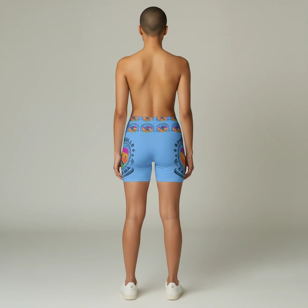 Sea Dragon Dreams women's light blue polyester workout shorts with Pickleball Grandma print, back view.