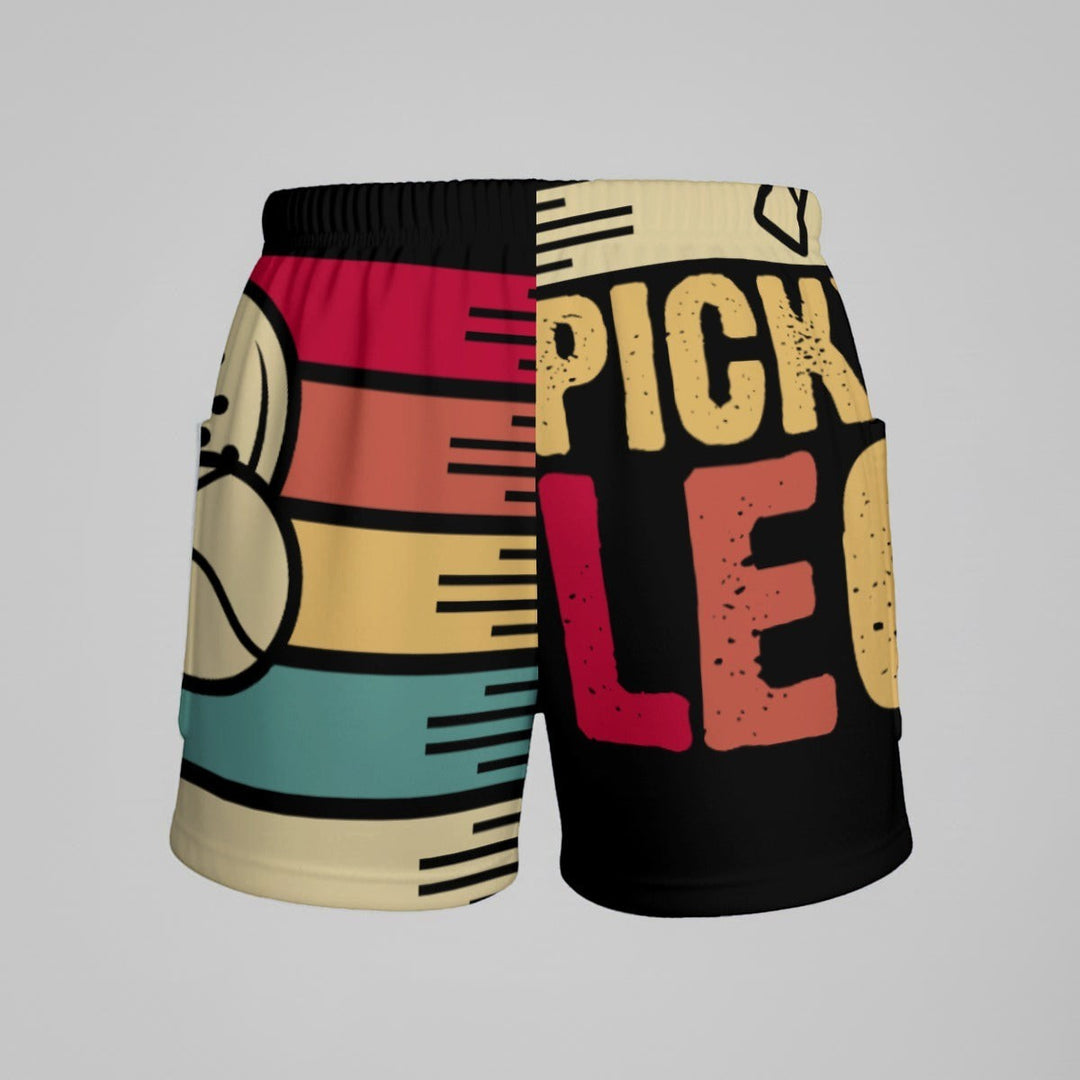 Sea Dragon Dreams athletic shorts with retro stripes, pickleball graphic, and distressed PICKLEBALL LEGEND text.