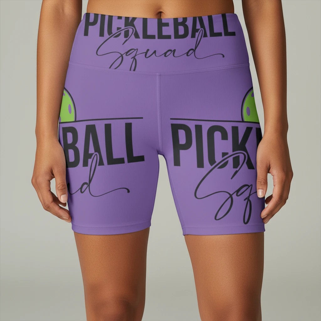 Sea Dragon Dreams purple workout shorts with Pickleball Squad graphic, featuring a comfortable elastic waistband.