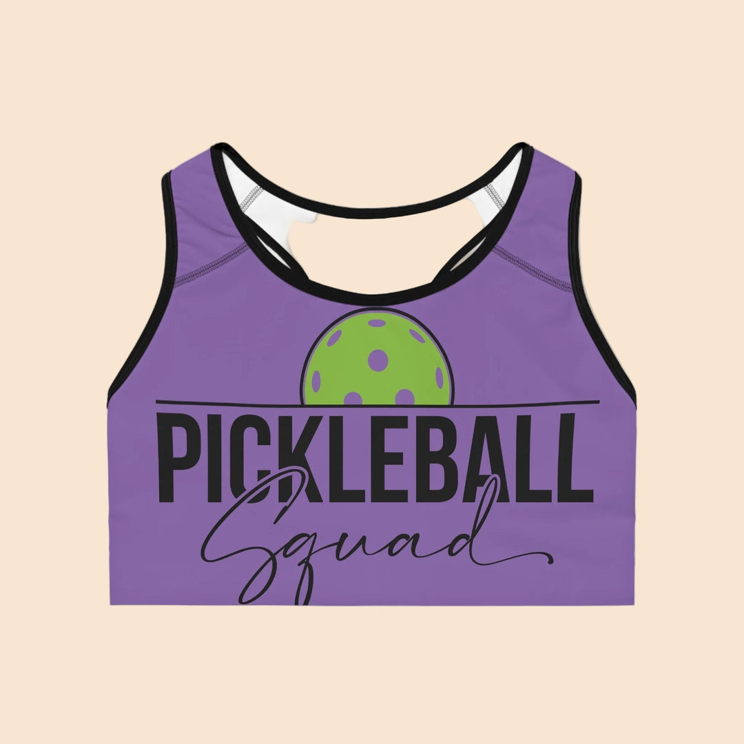 Sea Dragon Dreams purple seamless sports bra with Pickleball Squad graphic and green pickleball print