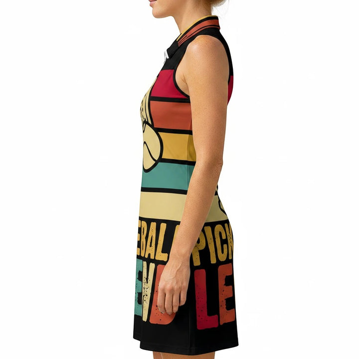 Side view of Sea Dragon Dreams sleeveless athletic dress with retro stripes and Pickleball Legend graphic