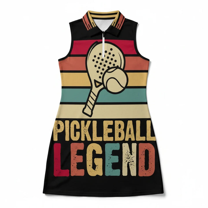 Sea Dragon Dreams sleeveless pickleball sports dress with retro striped graphic, pickleball paddle, and ball design.