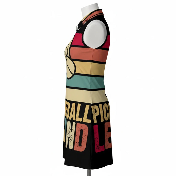 Sea Dragon Dreams sleeveless sports dress with a vintage striped pattern and Pickleball Legend graphic in a side view