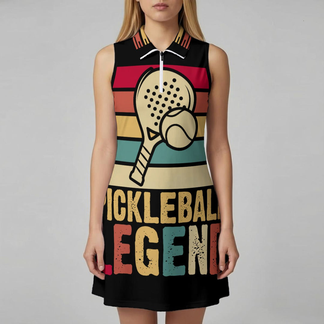 Sea Dragon Dreams sleeveless pickleball sports dress with a vintage-style paddle graphic and colorful striped background
