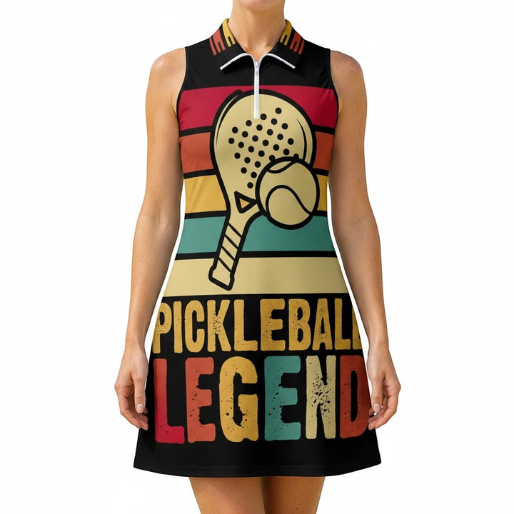 Sea Dragon Dreams sleeveless athletic dress with retro stripes, pickleball graphic, and quarter-zip collar.