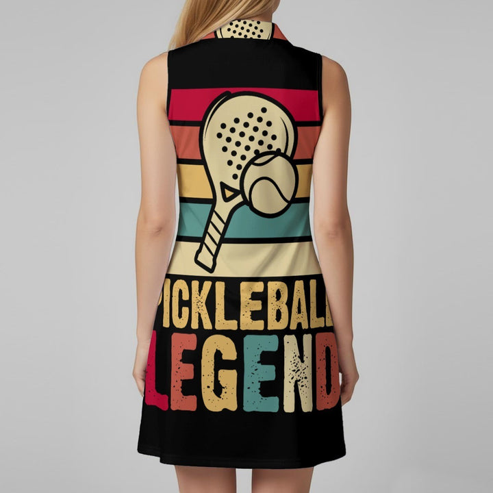 Sea Dragon Dreams sleeveless athletic dress with Pickleball Legend graphic, retro stripes, and quarter-zip collar.