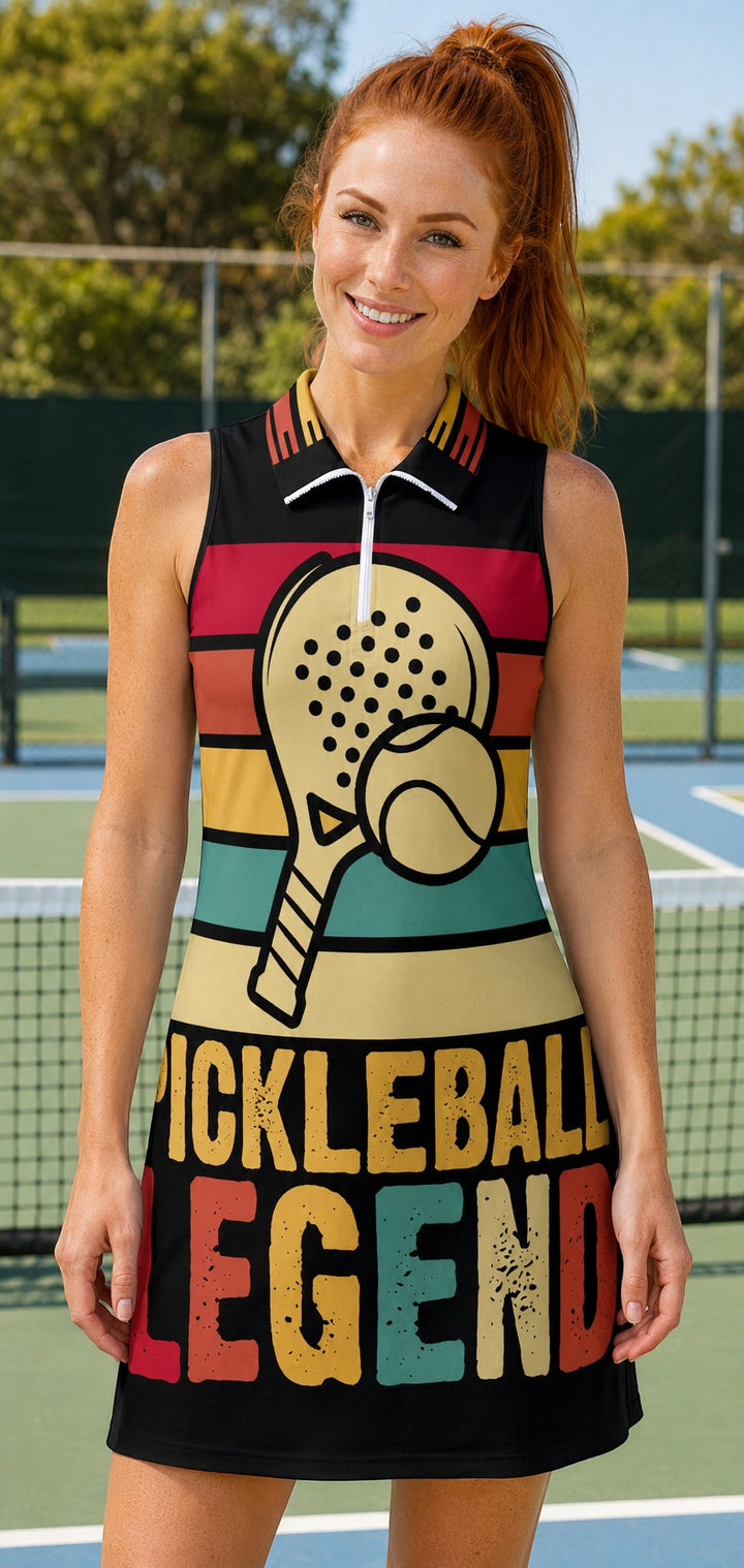Sea Dragon Dreams sleeveless pickleball dress with retro stripes, paddle graphic, and quarter-zip collar on a player