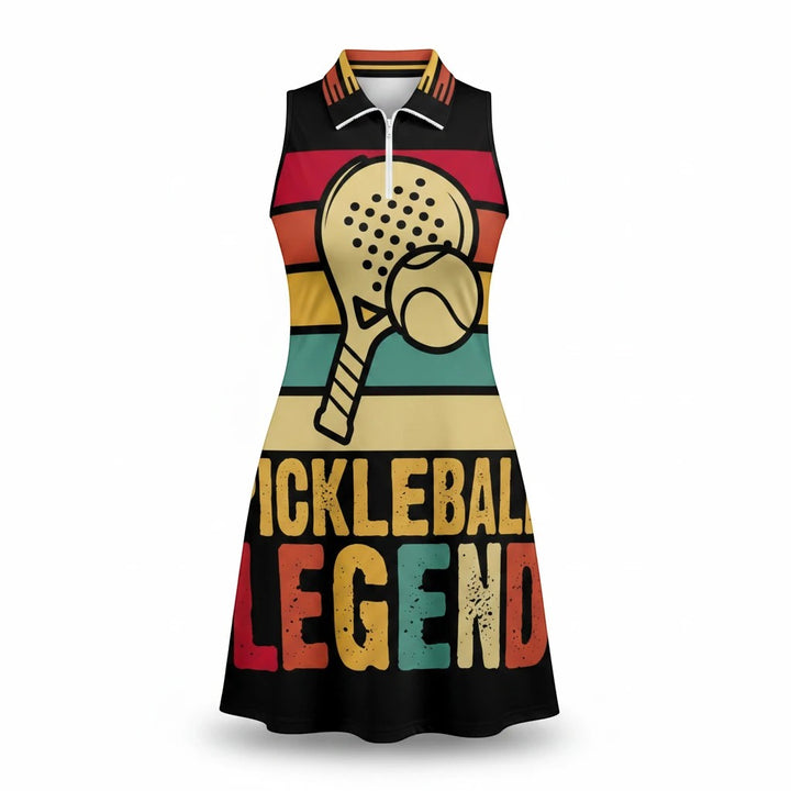 Sea Dragon Dreams sleeveless athletic dress with retro stripes, pickleball graphic, and Pickleball Legend text.