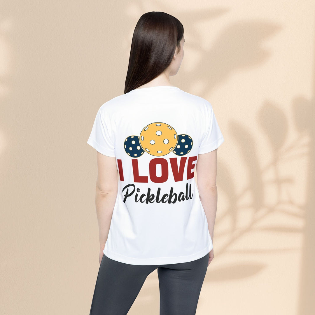 Sea Dragon Dreams white moisture-wicking sports jersey for women with I Love Pickleball graphic on the back