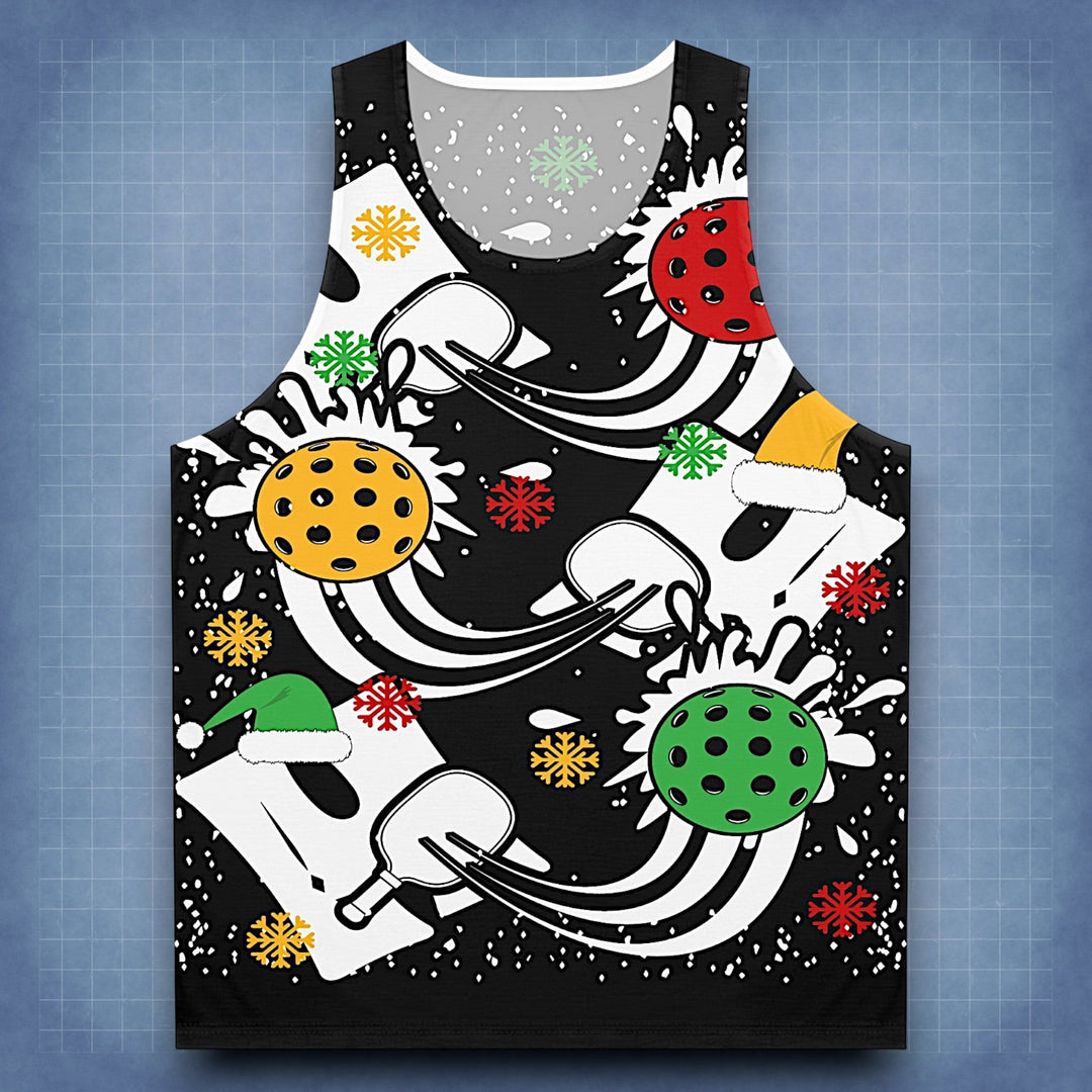 Sea Dragon Dreams unisex tank top with a black festive pickleball wave pattern, featuring paddles, balls, and snowflakes.