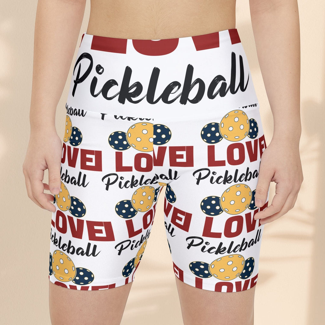 Sea Dragon Dreams women's white workout shorts with red and yellow pickleball themed print and supportive waistband