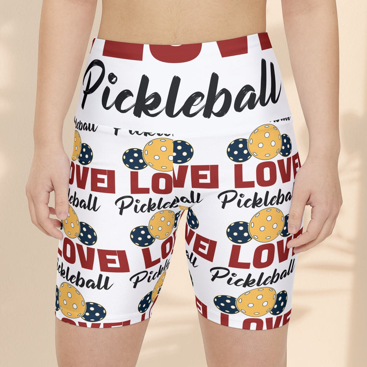Sea Dragon Dreams women's white workout shorts with red and yellow pickleball themed print and supportive waistband