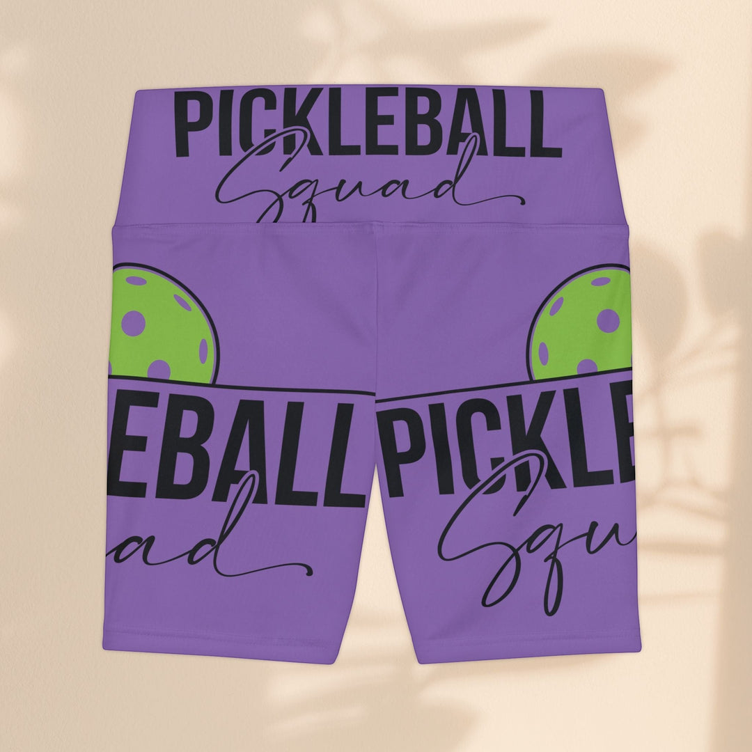Sea Dragon Dreams purple polyester workout shorts with Pickleball Squad graphic and green pickleball design.