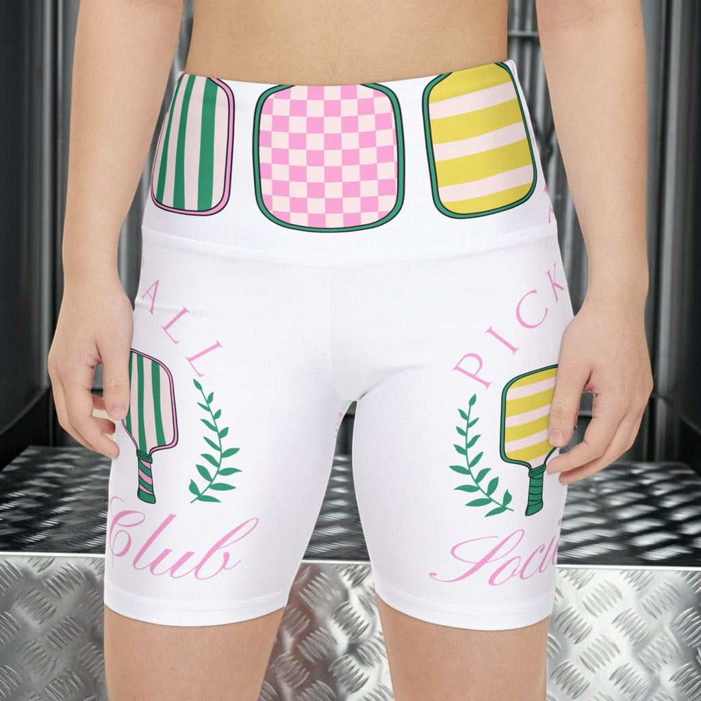 Sea Dragon Dreams women's white athletic shorts with a colorful pickleball paddle print and elastic waistband