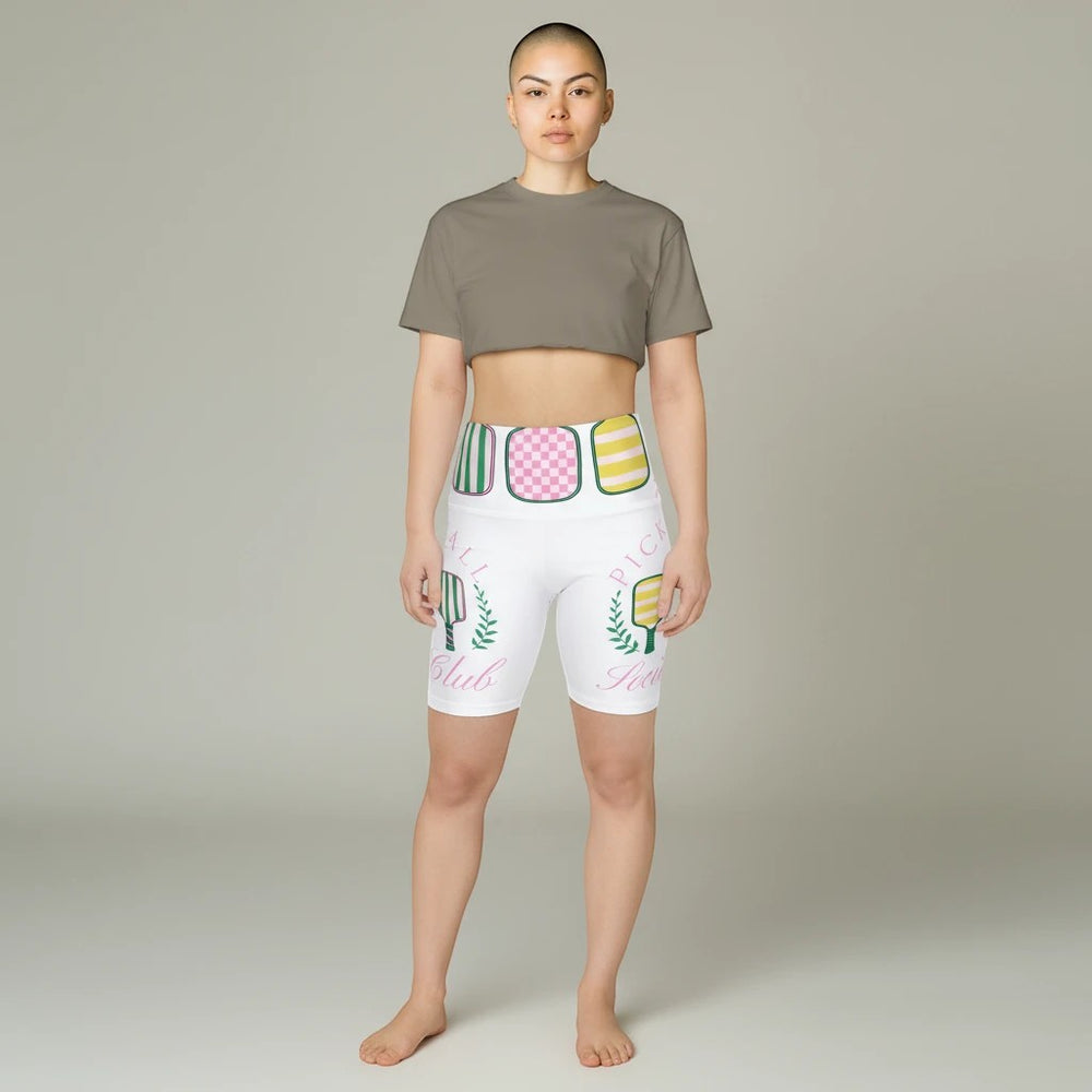 Sea Dragon Dreams women's white athletic shorts with pickleball-themed print, elastic waistband, and four-way stretch.