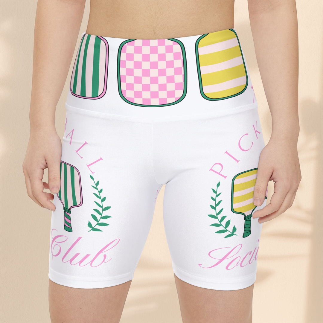 Sea Dragon Dreams women's white athletic workout shorts with a colorful pickleball-themed print and elastic waistband.