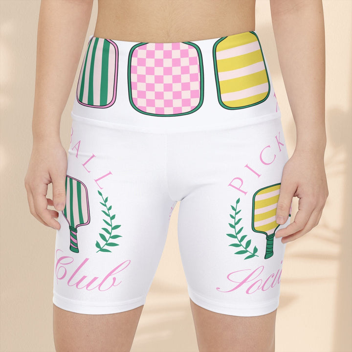 Sea Dragon Dreams women's white athletic workout shorts with a colorful pickleball-themed print and elastic waistband.