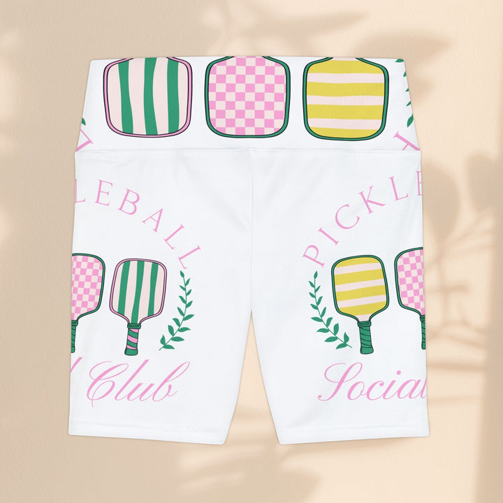 Sea Dragon Dreams women's white athletic shorts featuring a colorful pickleball paddle print and elastic waistband.