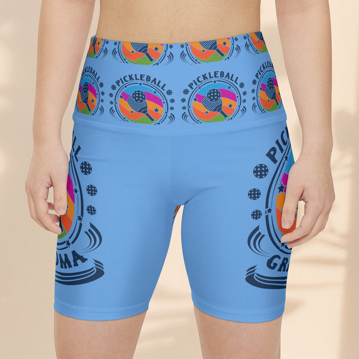 Sea Dragon Dreams women's light blue polyester workout shorts with a Pickleball Grandma graphic print and gusset.